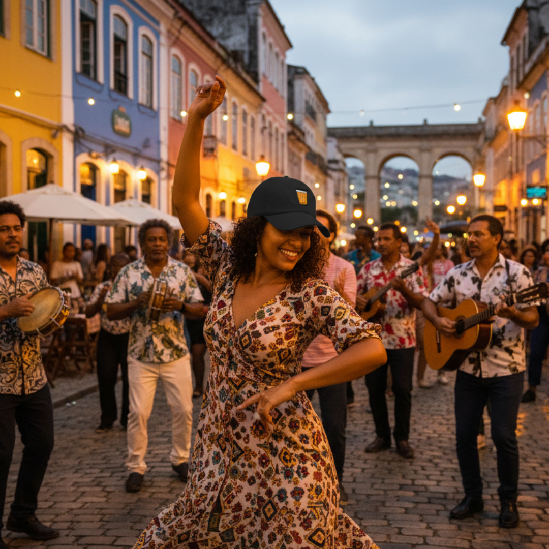 Woman dancing in a street with musicians playing instruments in a colorful urban setting.