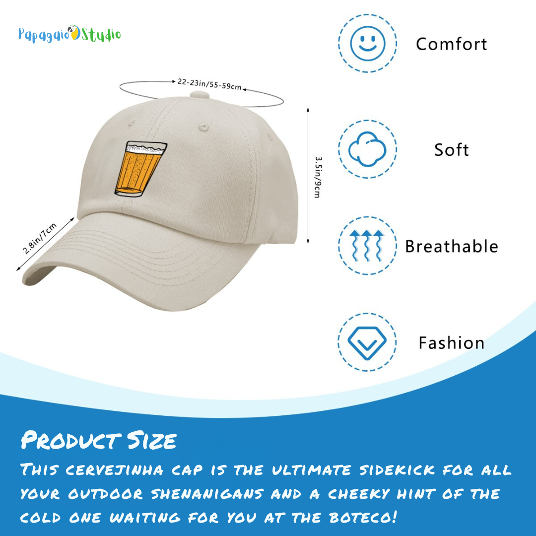 Beige cap with a beer icon and product features on a white background