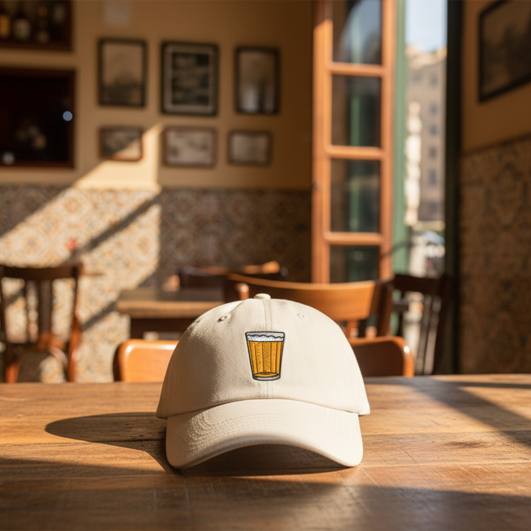 Beige cap with a beer glass design on a wooden table in a cozy restaurant setting
