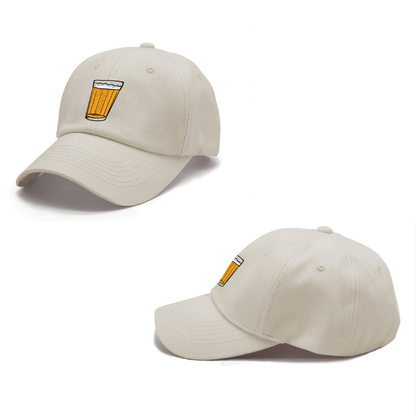 Two beige baseball caps with a small logo on a white background