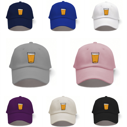 Collection of baseball caps in various colors with a beer glass icon on a white background