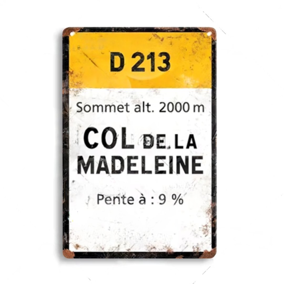 Iconic Alpine Cycling Climb Metal Sign – Vintage Road Plaque with Classic Mountain Pass Landmarks (Stelvio, Galibier, Tourmalet, Croix de Fer & More) – 11.8" x 7.8" (30 x 20 cm) Tin Wall Decor