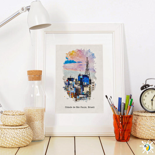 Sao Paulo City Watercolor Painting Premium Canvas Print, Brazil Soft Pastel Colors Vintage Giclée Wall Art, Travel Poster Gift For Brazilian