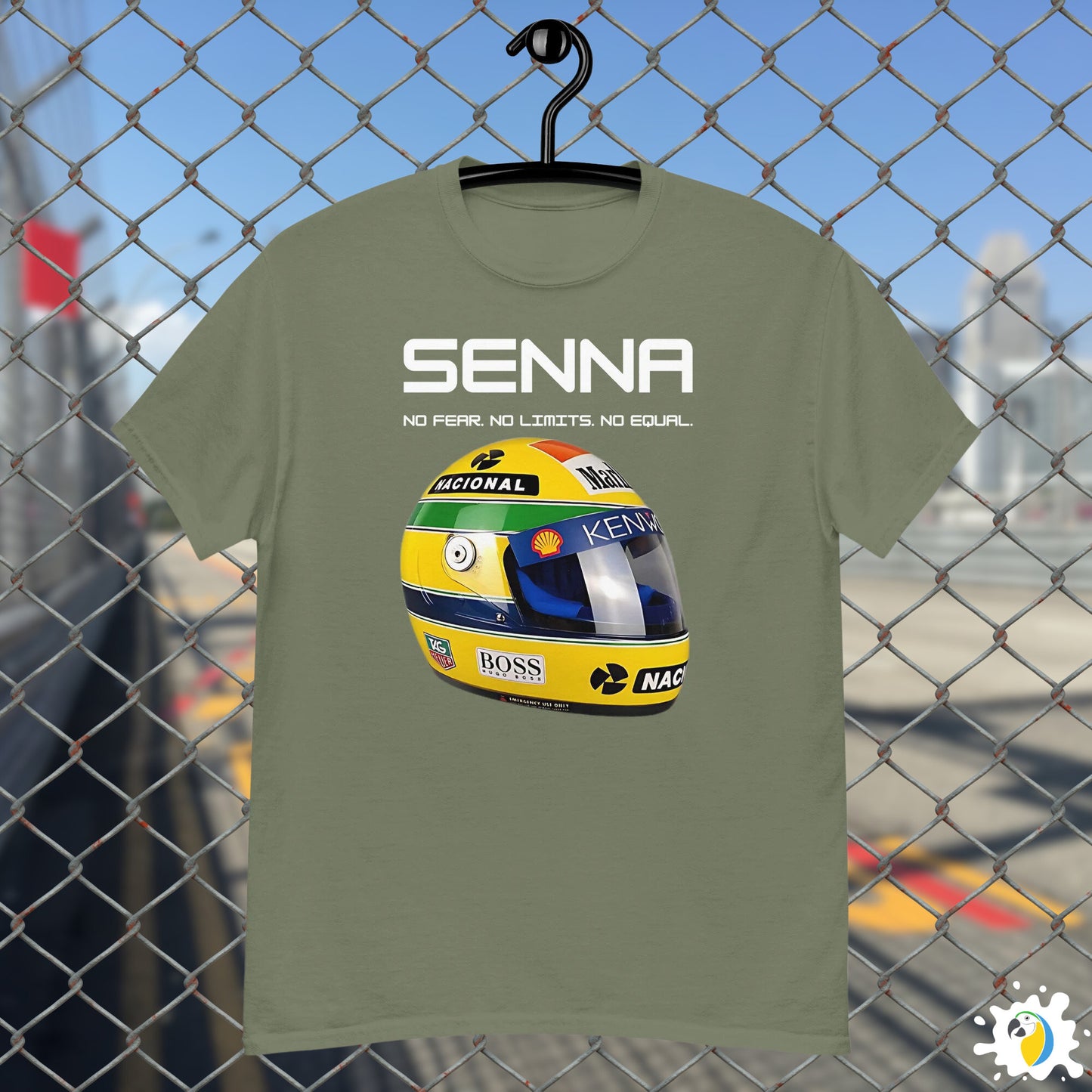 Ayrton Senna Yellow Helmet Fan Art T-Shirt, Brazil F1 Apparel Gift For Formula One Fans, Brazilian Racer Legend Unisex Custom Tee • Papagaio Studio Design Shop