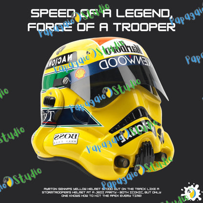 Senna Trooper Mash-Up Yellow Helmet Unisex Classic Tee • May The 4th T-Shirt Gift For Sci-Fi And F1 Fan • Formula One Geek Apparel Merch • Papagaio Studio Print Shop