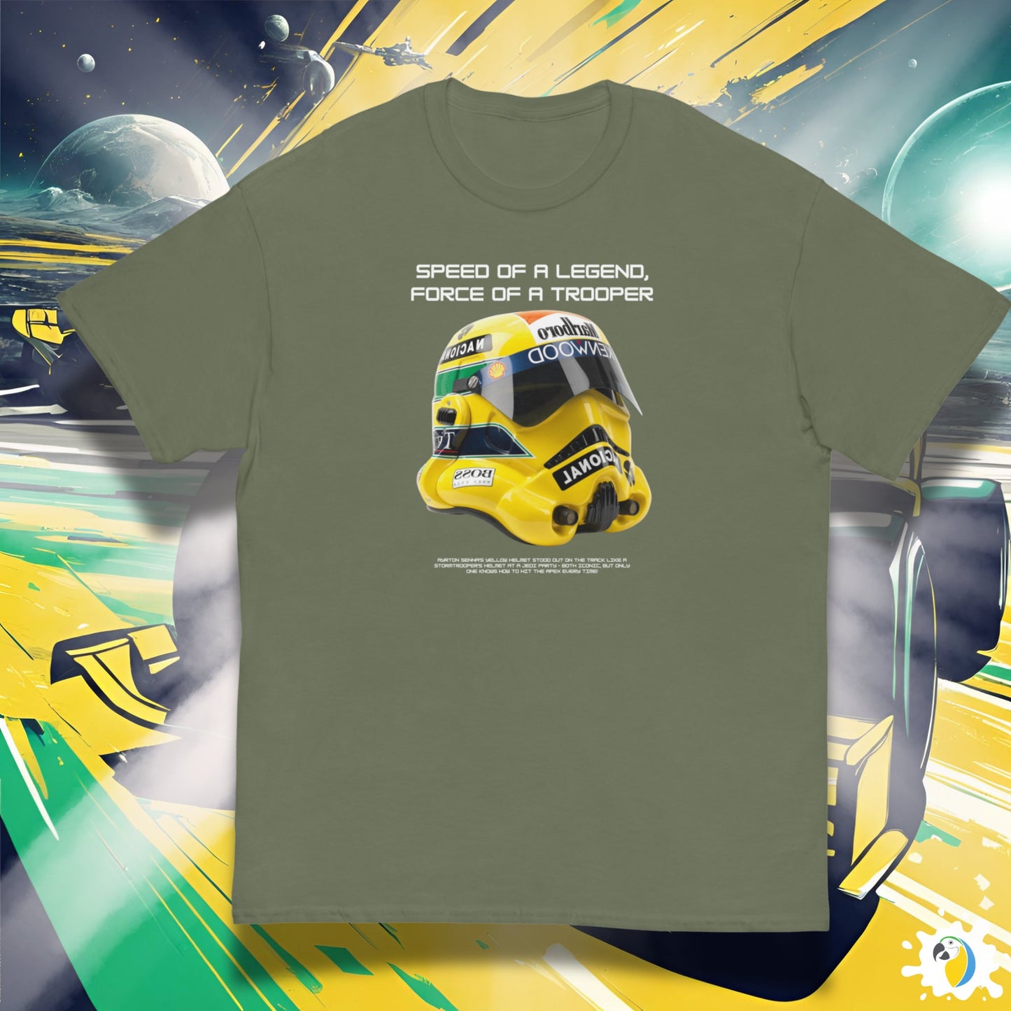 Senna Trooper Mash-Up Yellow Helmet Unisex Classic Tee • May The 4th T-Shirt Gift For Sci-Fi And F1 Fan • Formula One Geek Apparel Merch • Papagaio Studio Print Shop