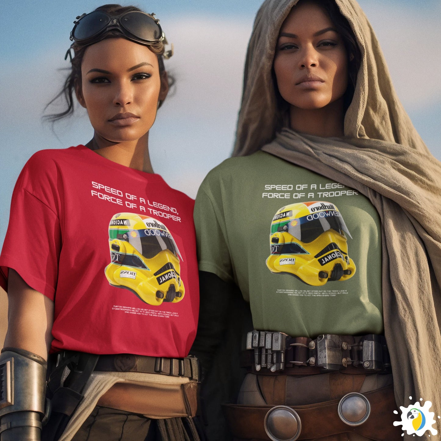 Senna Trooper Mash-Up Yellow Helmet Unisex Classic Tee • May The 4th T-Shirt Gift For Sci-Fi And F1 Fan • Formula One Geek Apparel Merch • Papagaio Studio Print Shop