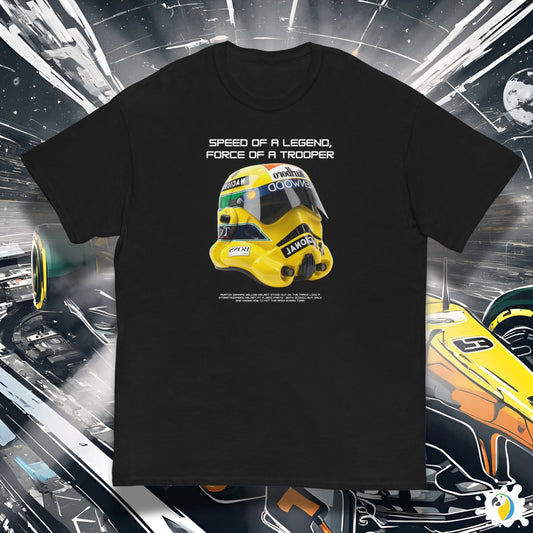 Senna Trooper Mash-Up Yellow Helmet Unisex Classic Tee • May The 4th T-Shirt Gift For Sci-Fi And F1 Fan • Formula One Geek Apparel Merch • Papagaio Studio Print Shop