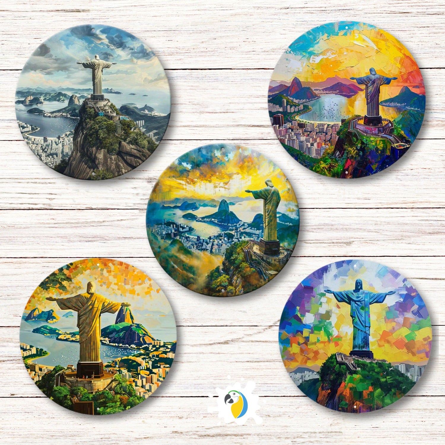 Christ The Redeemer Round Metal Print • Rio De Janeiro Painting Tin Sign • Travel Souvenir Brazil Wall Hanging Decor • Gift For Brazilian • Papagaio Studio Design Shop
