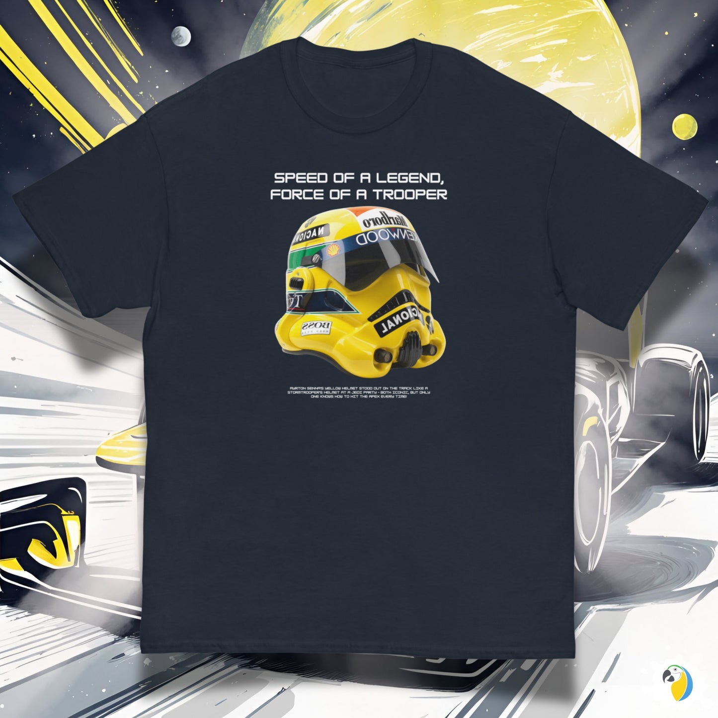 Senna Trooper Mash-Up Yellow Helmet Unisex Classic Tee • May The 4th T-Shirt Gift For Sci-Fi And F1 Fan • Formula One Geek Apparel Merch • Papagaio Studio Print Shop