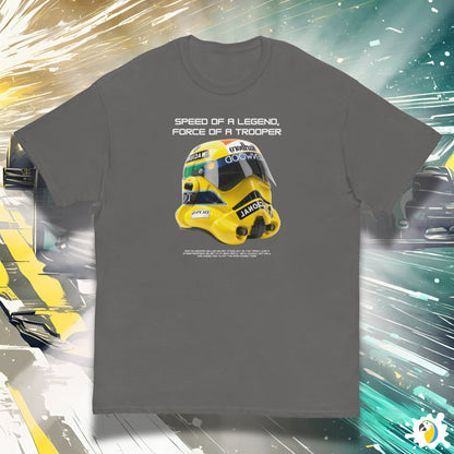 Senna Trooper Mash-Up Yellow Helmet Unisex Classic Tee • May The 4th T-Shirt Gift For Sci-Fi And F1 Fan • Formula One Geek Apparel Merch • Papagaio Studio Print Shop