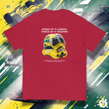 Senna Trooper Mash-Up Yellow Helmet Unisex Classic Tee • May The 4th T-Shirt Gift For Sci-Fi And F1 Fan • Formula One Geek Apparel Merch • Papagaio Studio Print Shop