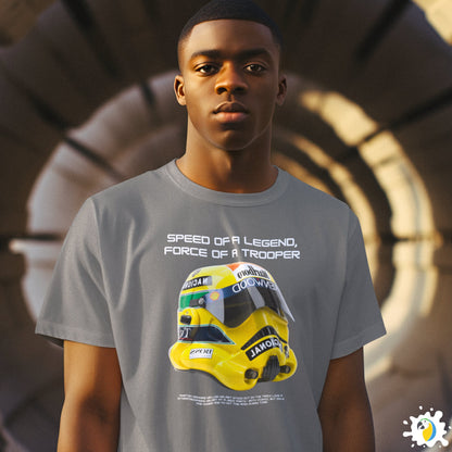 Senna Trooper Mash-Up Yellow Helmet Unisex Classic Tee • May The 4th T-Shirt Gift For Sci-Fi And F1 Fan • Formula One Geek Apparel Merch • Papagaio Studio Print Shop