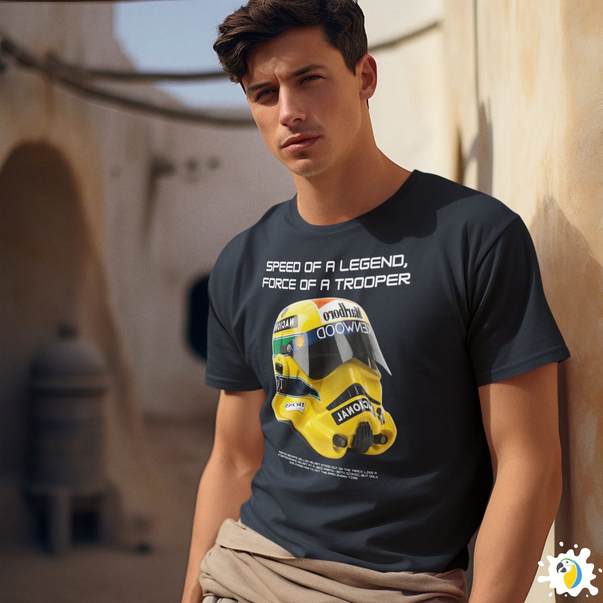 Senna Trooper Mash-Up Yellow Helmet Unisex Classic Tee • May The 4th T-Shirt Gift For Sci-Fi And F1 Fan • Formula One Geek Apparel Merch • Papagaio Studio Print Shop