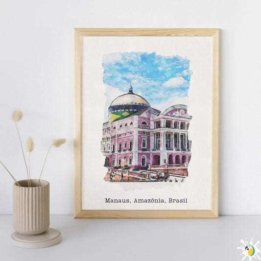 Manaus Brazil Watercolor Painting • Brazilian Landmark Premium Canvas Print • Amazonia South America Travel Poster • Trip Souvenir Gift • Papagaio Studio Shop