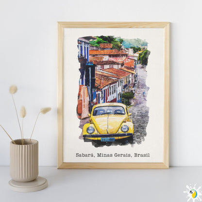 Sabará MG Brazil Watercolor Painting • Brazilian Village Premium Canvas Print • VW Beetle Minas Gerais Travel Poster • Trip Souvenir Gift • Papagaio Studio Shop