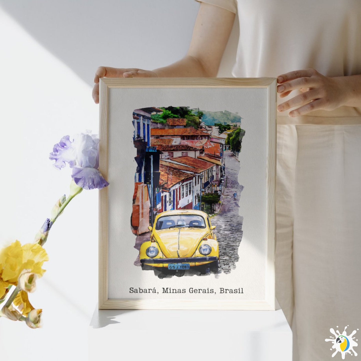 Sabará MG Brazil Watercolor Painting • Brazilian Village Premium Canvas Print • VW Beetle Minas Gerais Travel Poster • Trip Souvenir Gift • Papagaio Studio Shop