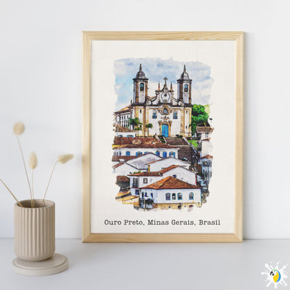 Ouro Preto MG Brazil Watercolor Painting • Brazilian Village Premium Canvas Print • Minas Gerais Travel Poster • Trip Souvenir Gift • Papagaio Studio Shop