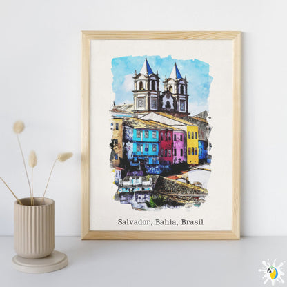 Pelourinho Salvador Bahia Watercolor Painting • Brazilian City Premium Canvas Print • Brazil Travel Poster • South America Trip Souvenir • Papagaio Studio Shop