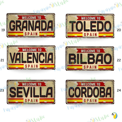 Spain Landmark License Plate Tin Sign • Spanish City Metal Print • Euro Trip Souvenir • Decorative Plaque Wall Decor • Europe Traveler Gift • Papagaio Studio Design Shop