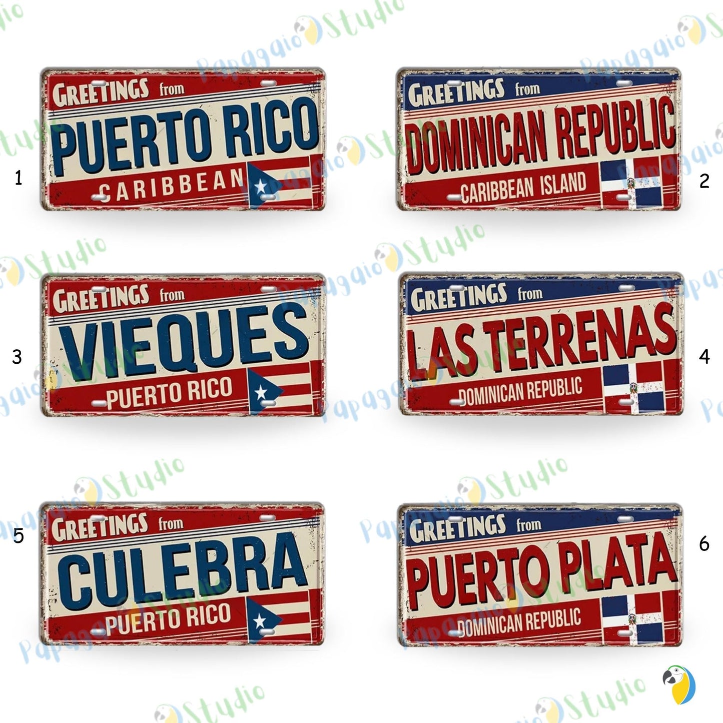 Caribbean Island License Plate Tin Signs • Tropical Travel Souvenir Metal Prints • Decorative Wall Plaques for Home and Bar Decor • Papagaio Studio Design Shop