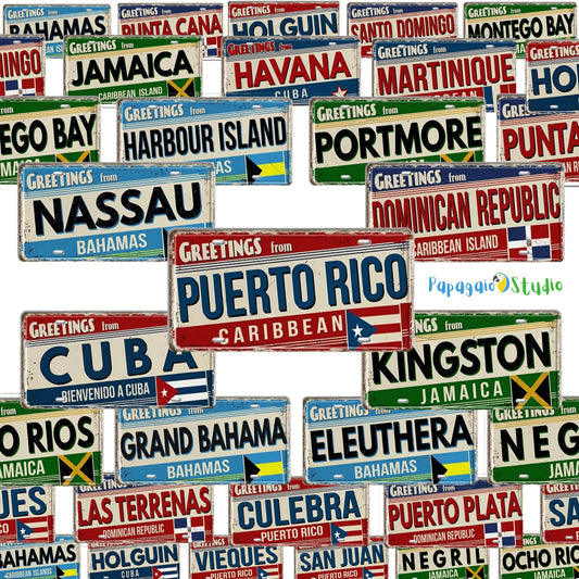 Caribbean Island License Plate Tin Signs • Tropical Travel Souvenir Metal Prints • Decorative Wall Plaques for Home and Bar Decor • Papagaio Studio Design Shop