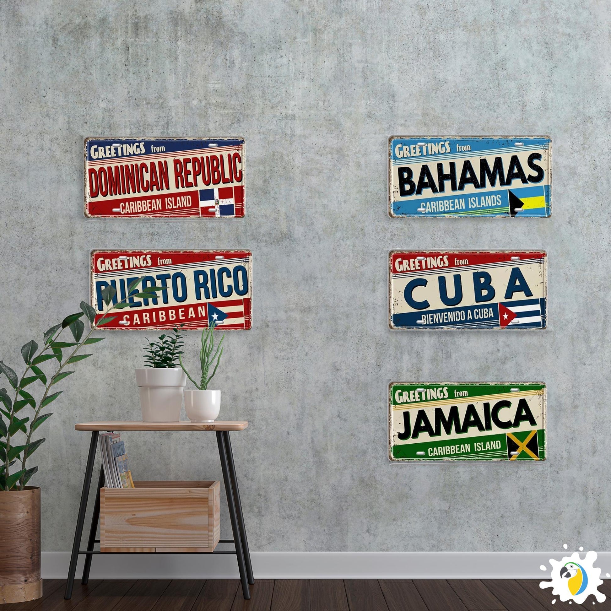 Caribbean Island License Plate Tin Signs • Tropical Travel Souvenir Metal Prints • Decorative Wall Plaques for Home and Bar Decor • Papagaio Studio Design Shop