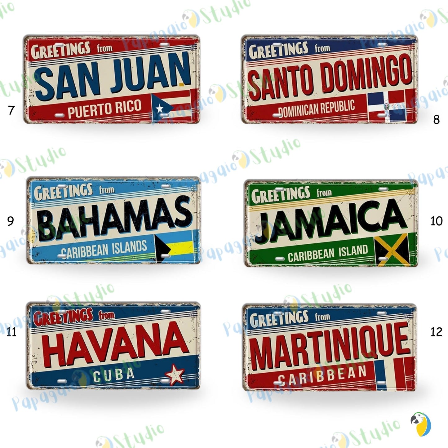 Caribbean Island License Plate Tin Signs • Tropical Travel Souvenir Metal Prints • Decorative Wall Plaques for Home and Bar Decor • Papagaio Studio Design Shop