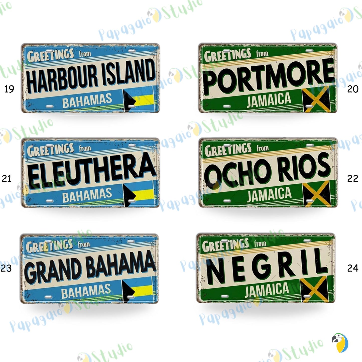 Caribbean Island License Plate Tin Signs • Tropical Travel Souvenir Metal Prints • Decorative Wall Plaques for Home and Bar Decor • Papagaio Studio Design Shop