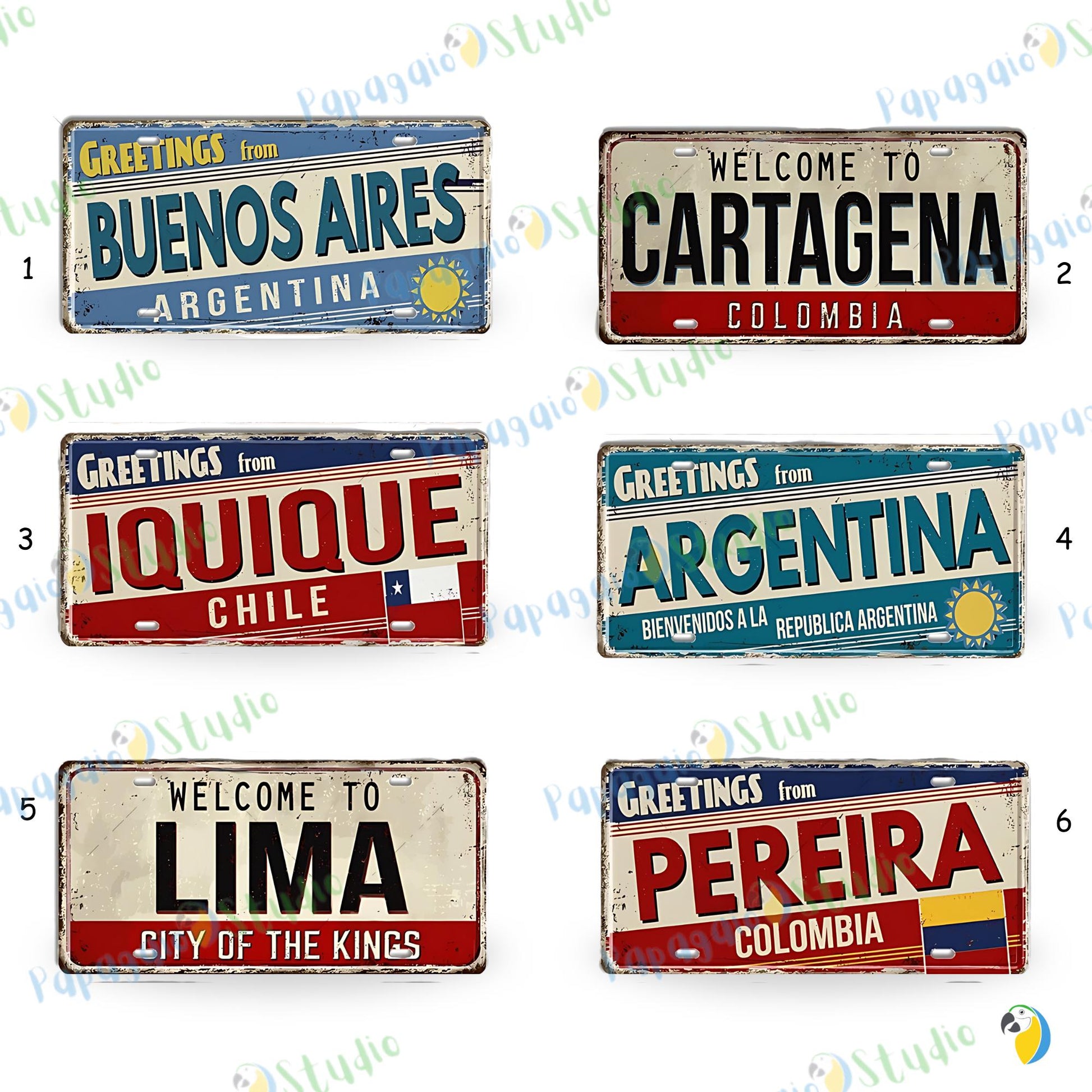 South American City License Plate Tin Sign • Vintage Travel Souvenir Metal Print • Latin American Decorative Plaque Wall Art • Papagaio Studio Design Shop