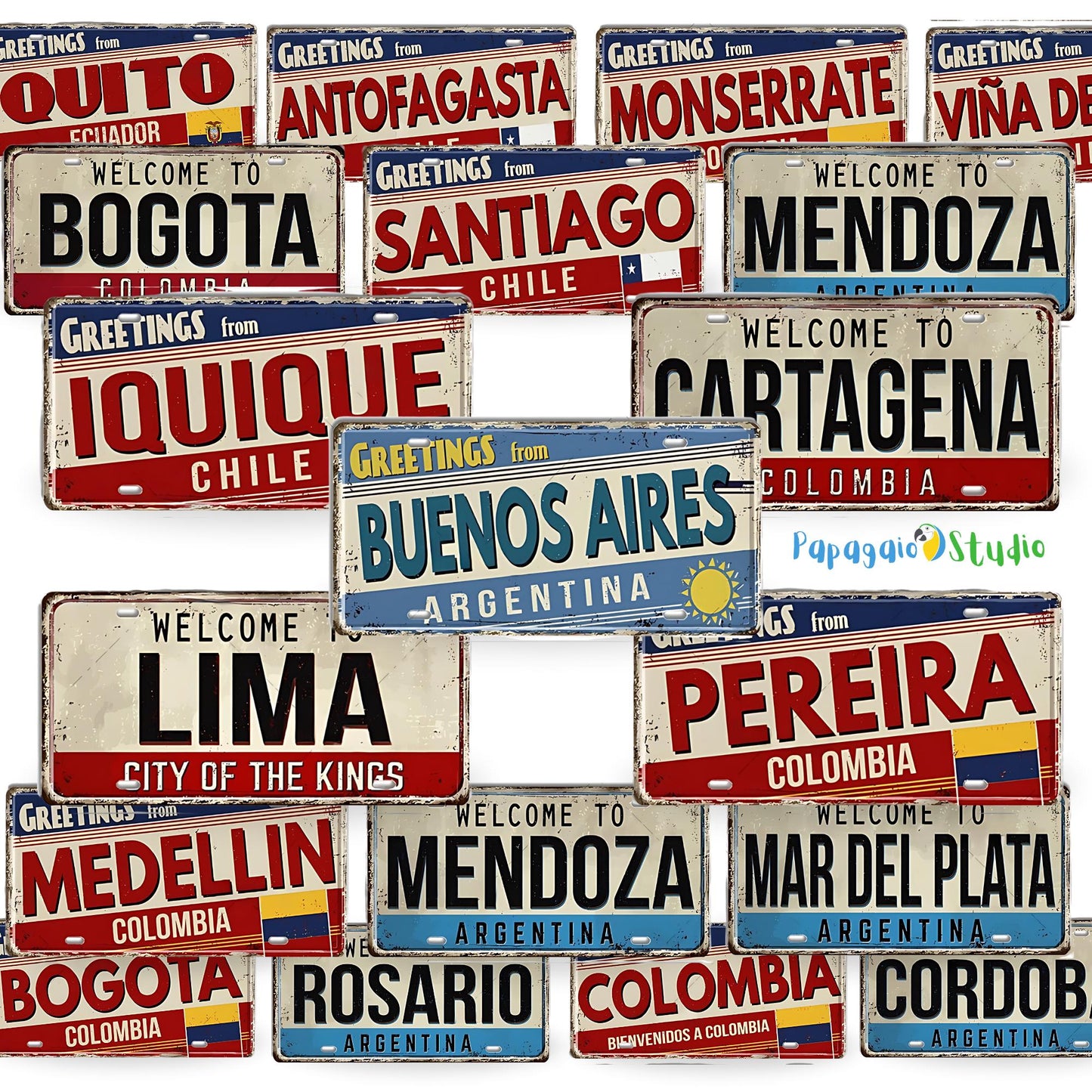 South American City License Plate Tin Sign • Vintage Travel Souvenir Metal Print • Latin American Decorative Plaque Wall Art • Papagaio Studio Design Shop