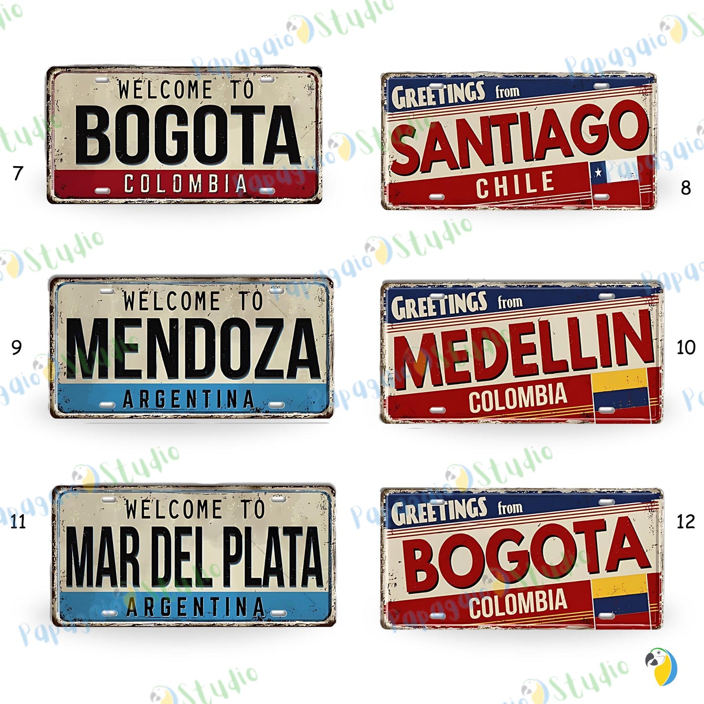 South American City License Plate Tin Sign • Vintage Travel Souvenir Metal Print • Latin American Decorative Plaque Wall Art • Papagaio Studio Design Shop