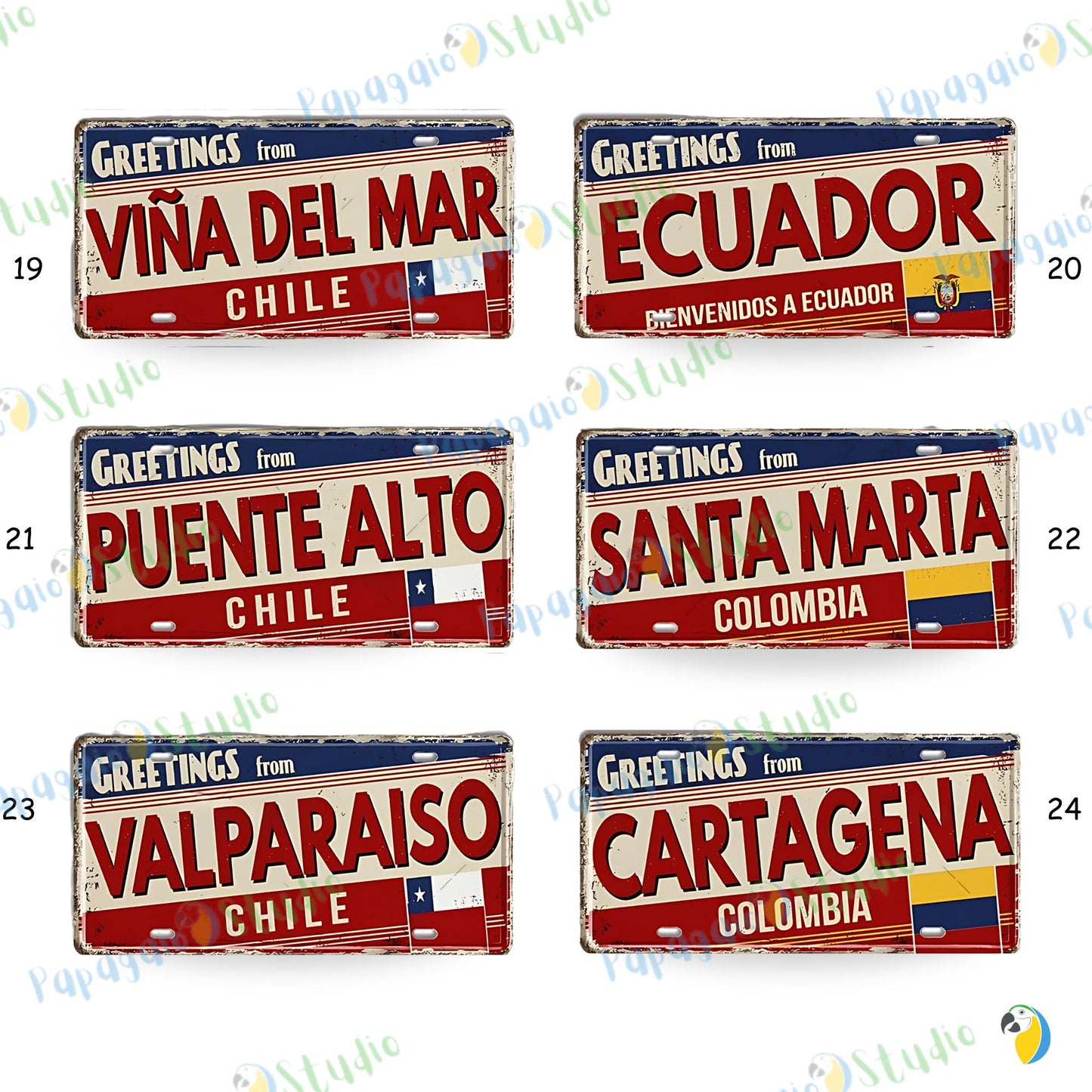 South American City License Plate Tin Sign • Vintage Travel Souvenir Metal Print • Latin American Decorative Plaque Wall Art • Papagaio Studio Design Shop