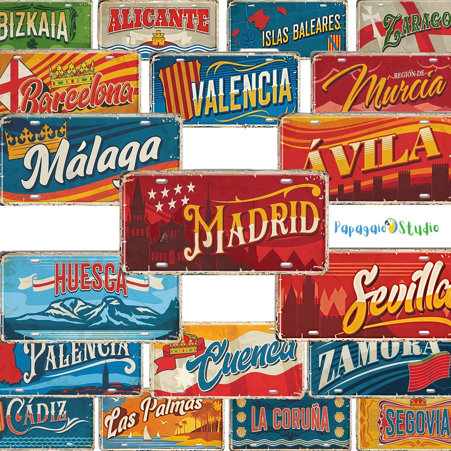 Spanish City License Plate Tin Sign • Vintage Spain Travel Souvenir Metal Print • Spanish Landmark Decorative • Retro Locale Plaque Wall Art • Papagaio Studio Design Shop