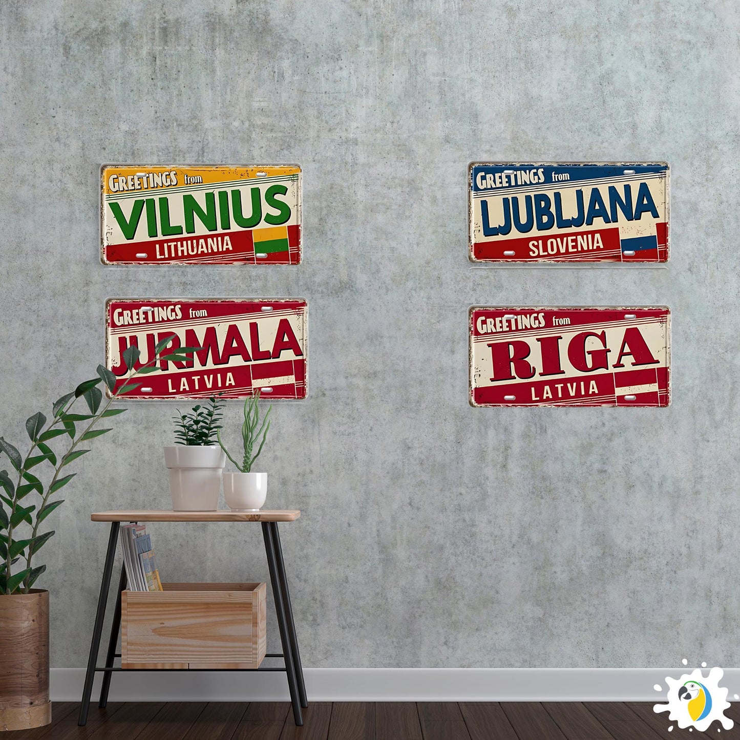 Baltic, Slavic, and Balkans Souvenir Tin Signs • Vintage Europe License Plate Metal Prints • Greetings From Iconic European Cities Tinplates • Papagaio Studio Design Shop