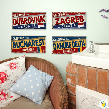 Baltic, Slavic, and Balkans Souvenir Tin Signs • Vintage Europe License Plate Metal Prints • Greetings From Iconic European Cities Tinplates • Papagaio Studio Design Shop