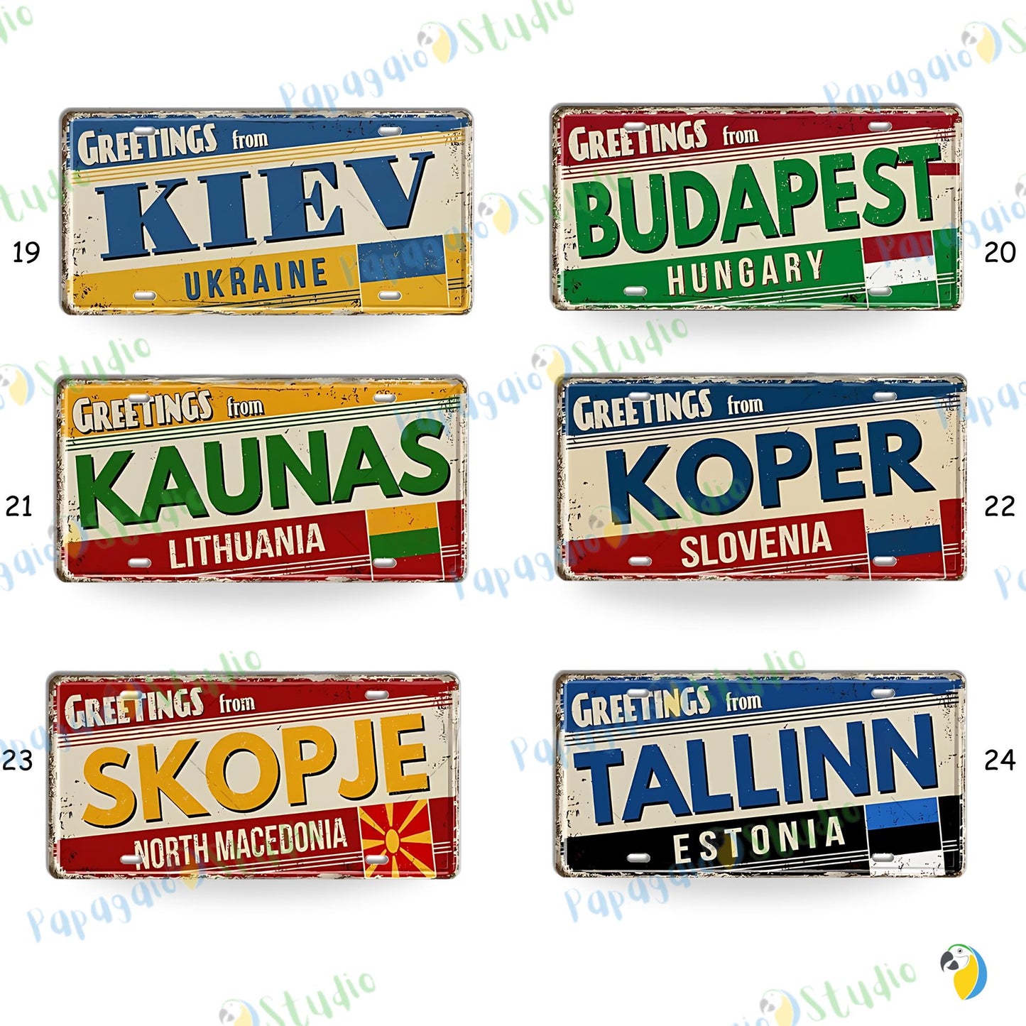 Baltic, Slavic, and Balkans Souvenir Tin Signs • Vintage Europe License Plate Metal Prints • Greetings From Iconic European Cities Tinplates • Papagaio Studio Design Shop