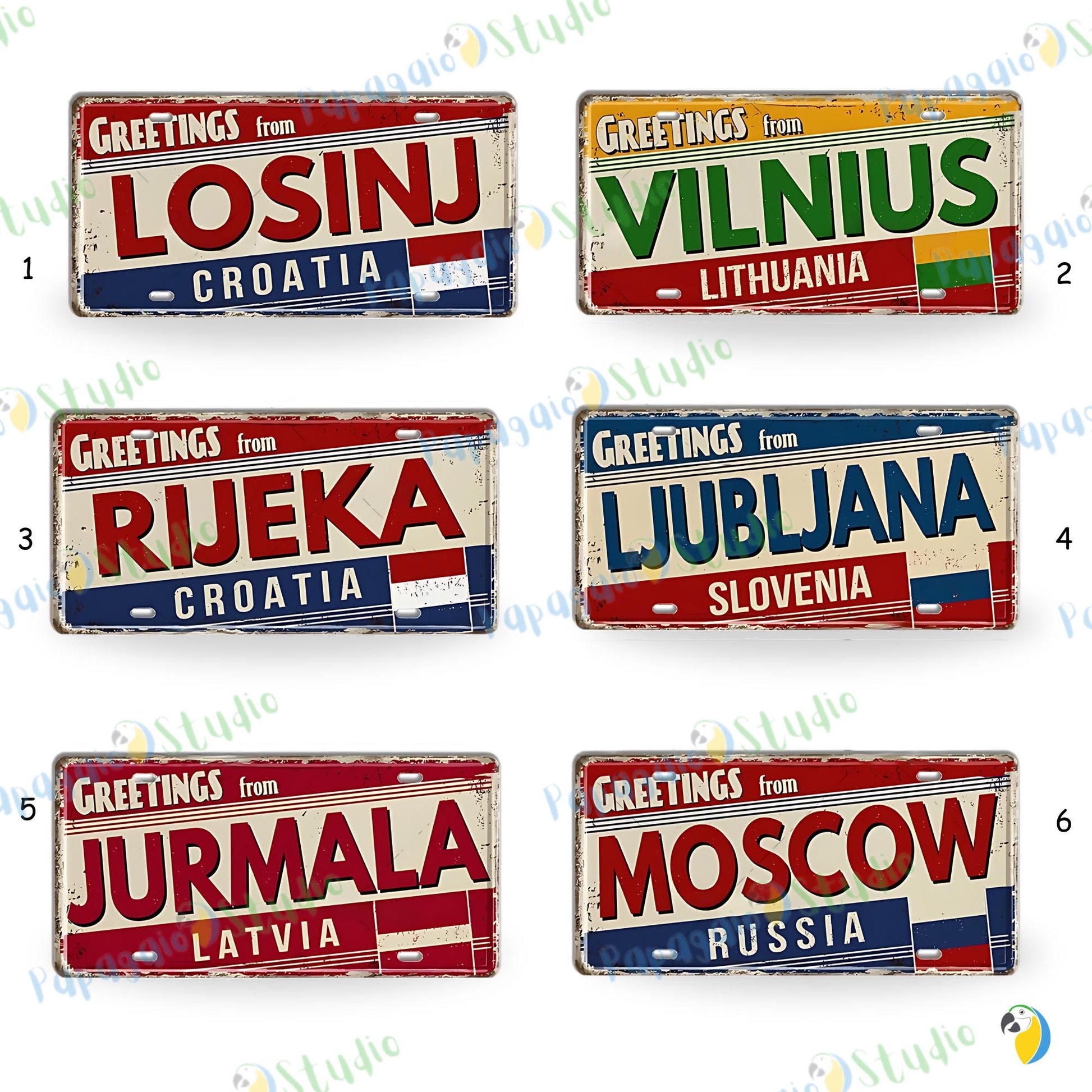 Baltic, Slavic, and Balkans Souvenir Tin Signs • Vintage Europe License Plate Metal Prints • Greetings From Iconic European Cities Tinplates • Papagaio Studio Design Shop