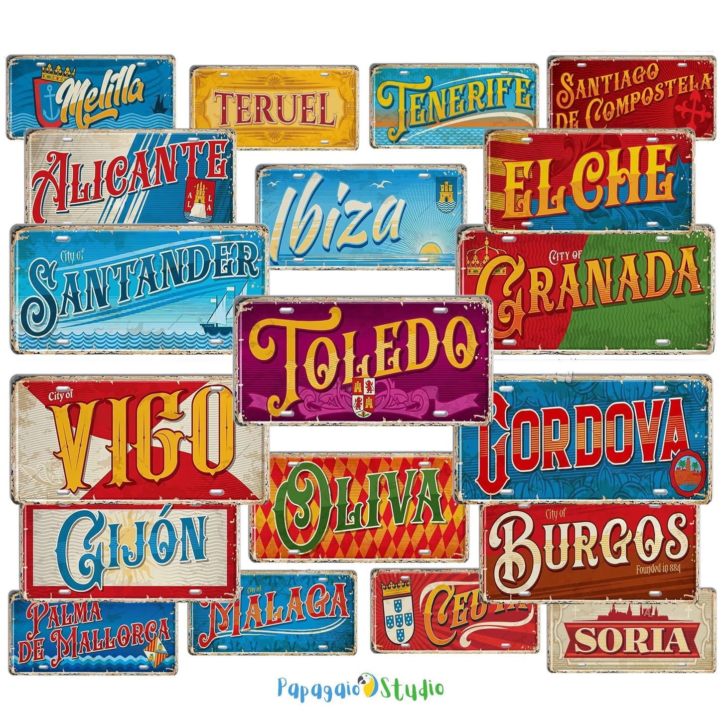 Vintage Spanish Cities Tin Signs • Retro Metal License Plates • Nostalgic Wall Decor Print • Gift for Spain Lovers and Travel Enthusiasts • Papagaio Studio Design Shop