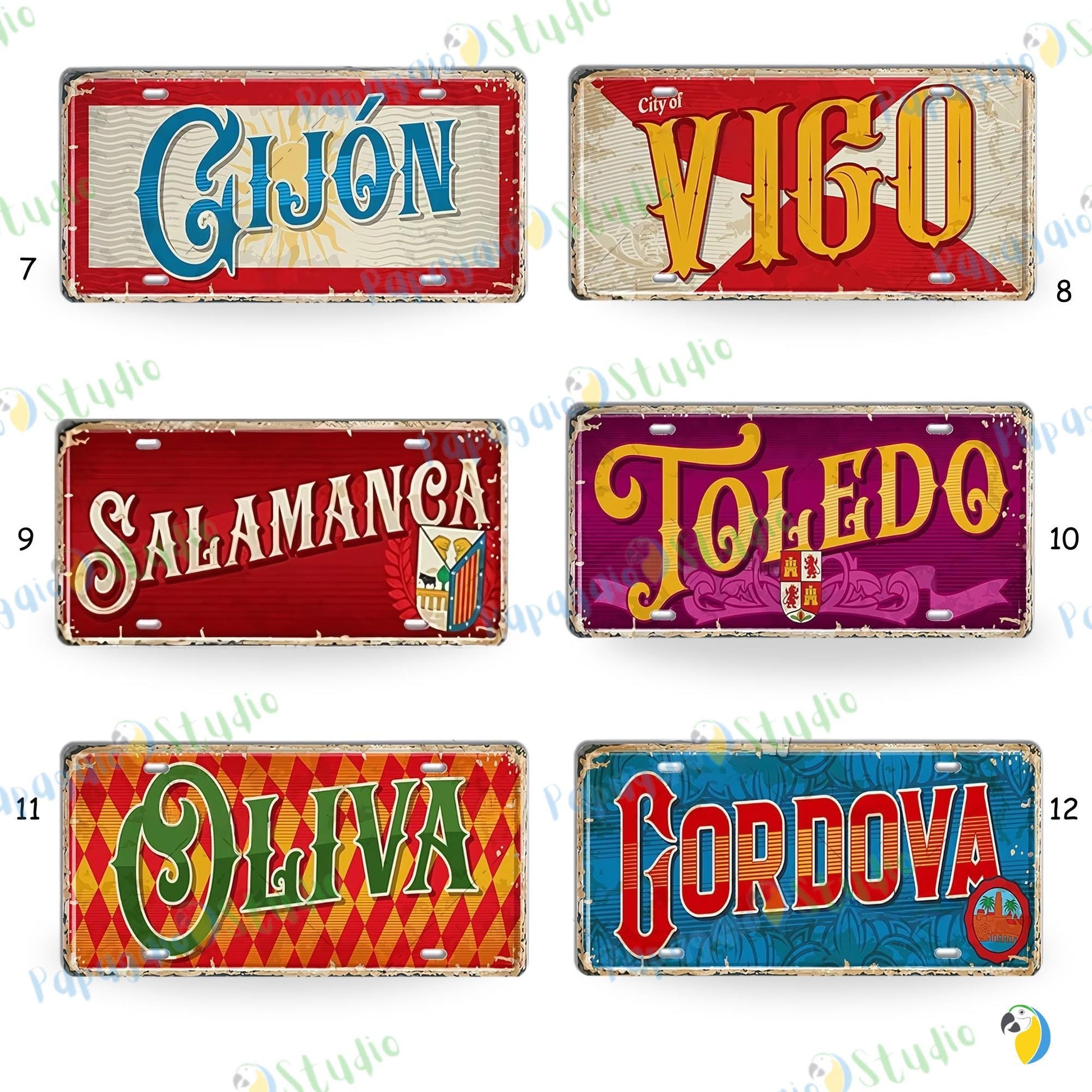 Vintage Spanish Cities Tin Signs • Retro Metal License Plates • Nostalgic Wall Decor Print • Gift for Spain Lovers and Travel Enthusiasts • Papagaio Studio Design Shop