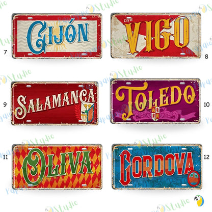 Vintage Spanish Cities Tin Signs • Retro Metal License Plates • Nostalgic Wall Decor Print • Gift for Spain Lovers and Travel Enthusiasts • Papagaio Studio Design Shop