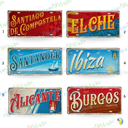 Vintage Spanish Cities Tin Signs • Retro Metal License Plates • Nostalgic Wall Decor Print • Gift for Spain Lovers and Travel Enthusiasts • Papagaio Studio Design Shop