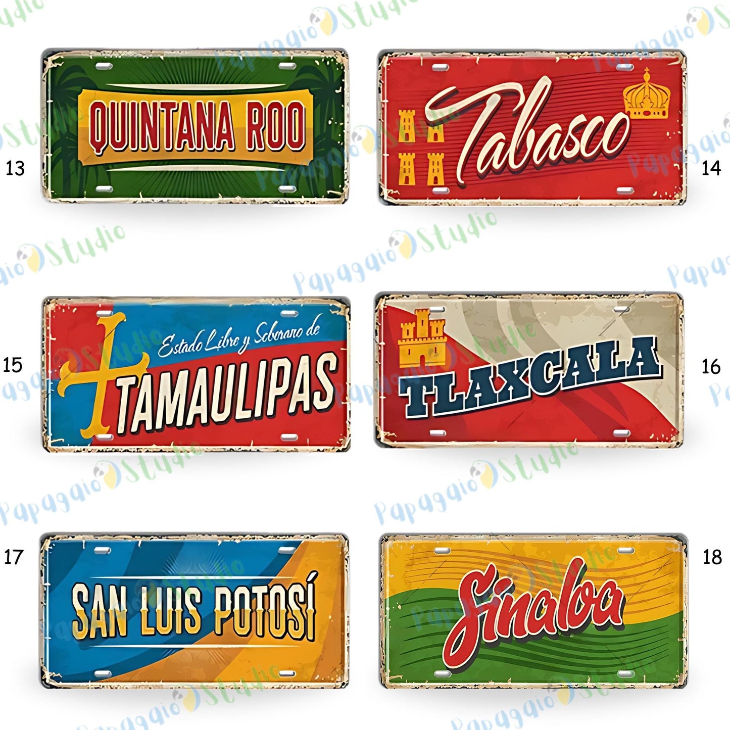 Mexican States Vintage Tin Signs • Retro Mexico License Plates • Decorative Metal Print Wall Art • Perfect Gift For Travel Enthusiasts • Papagaio Studio Design Shop