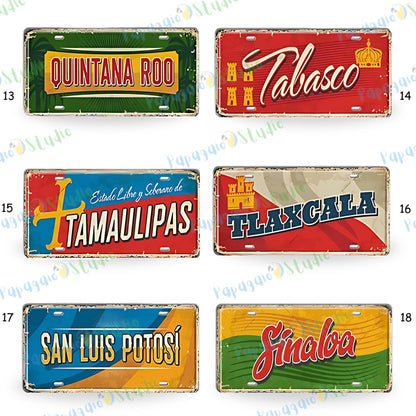 Mexican States Vintage Tin Signs • Retro Mexico License Plates • Decorative Metal Print Wall Art • Perfect Gift For Travel Enthusiasts • Papagaio Studio Design Shop