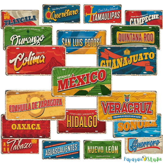 Mexican States Vintage Tin Signs • Retro Mexico License Plates • Decorative Metal Print Wall Art • Perfect Gift For Travel Enthusiasts • Papagaio Studio Design Shop