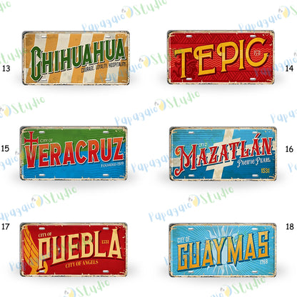 Mexico Landmarks Vintage Tin Signs • Retro Mexican State License Plates • Metal Wall Decor Print • Gift For Travel Enthusiasts • Papagaio Studio Design Shop