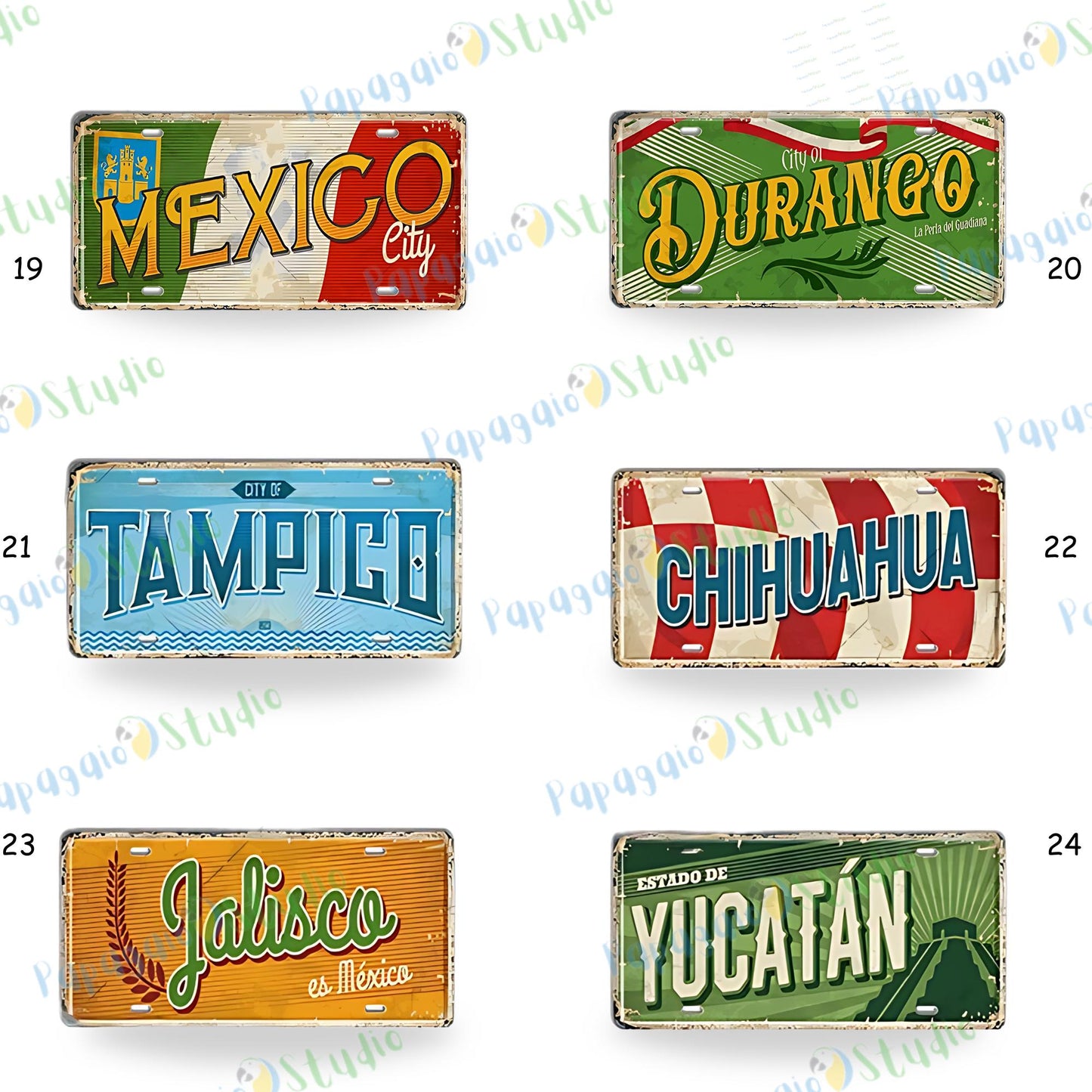 Mexico Landmarks Vintage Tin Signs • Retro Mexican State License Plates • Metal Wall Decor Print • Gift For Travel Enthusiasts • Papagaio Studio Design Shop