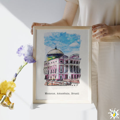 Manaus Brazil Watercolor Painting • Brazilian Landmark Premium Canvas Print • Amazonia South America Travel Poster • Trip Souvenir Gift • Papagaio Studio Shop