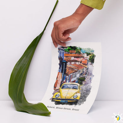 Sabará MG Brazil Watercolor Painting • Brazilian Village Premium Canvas Print • VW Beetle Minas Gerais Travel Poster • Trip Souvenir Gift • Papagaio Studio Shop