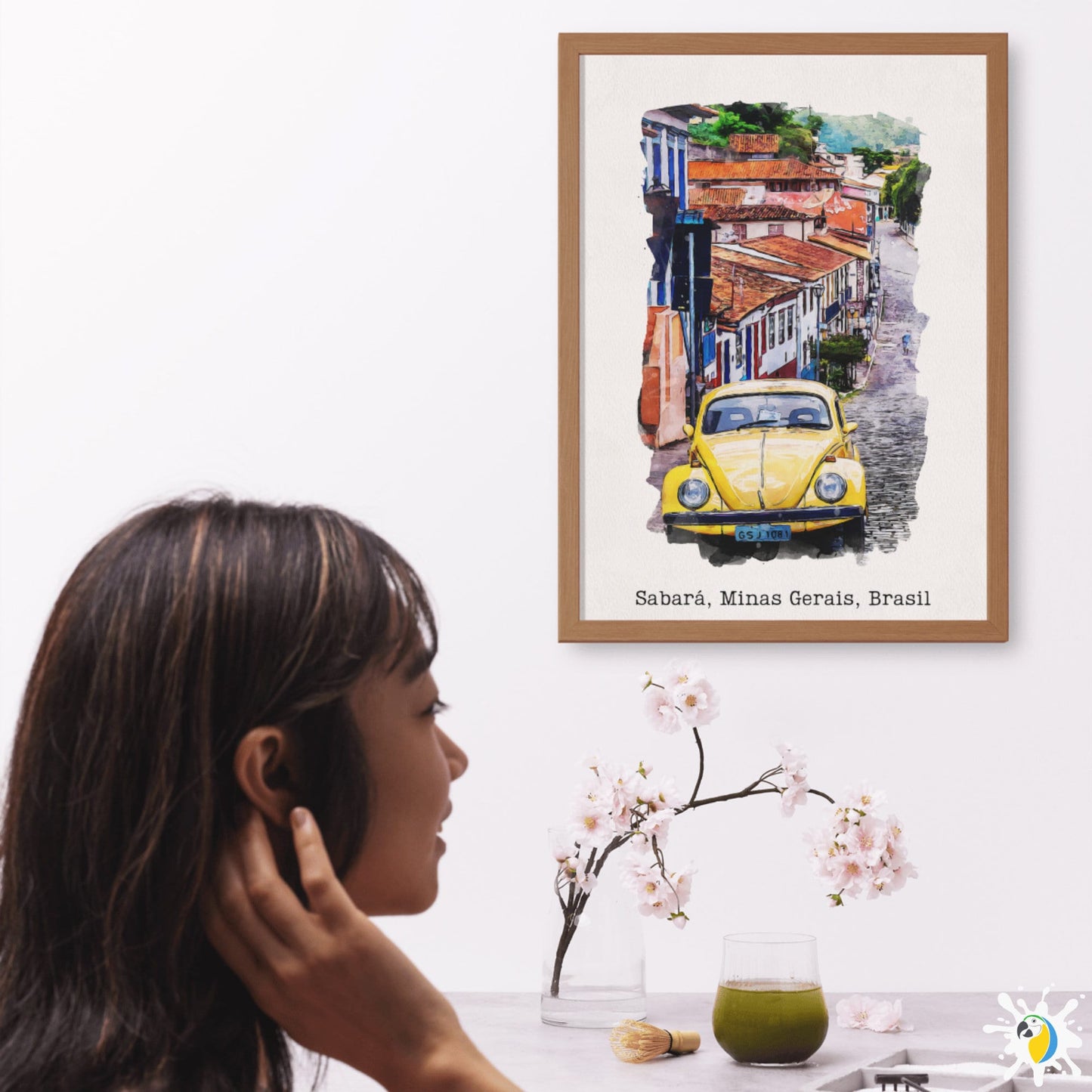 Sabará MG Brazil Watercolor Painting • Brazilian Village Premium Canvas Print • VW Beetle Minas Gerais Travel Poster • Trip Souvenir Gift • Papagaio Studio Shop